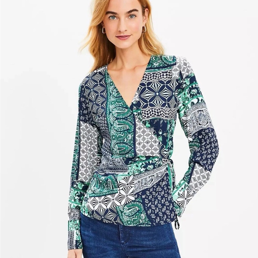 Loft Nwot Patchwork Wrap Blouse - Deep Space Blue… - image 2